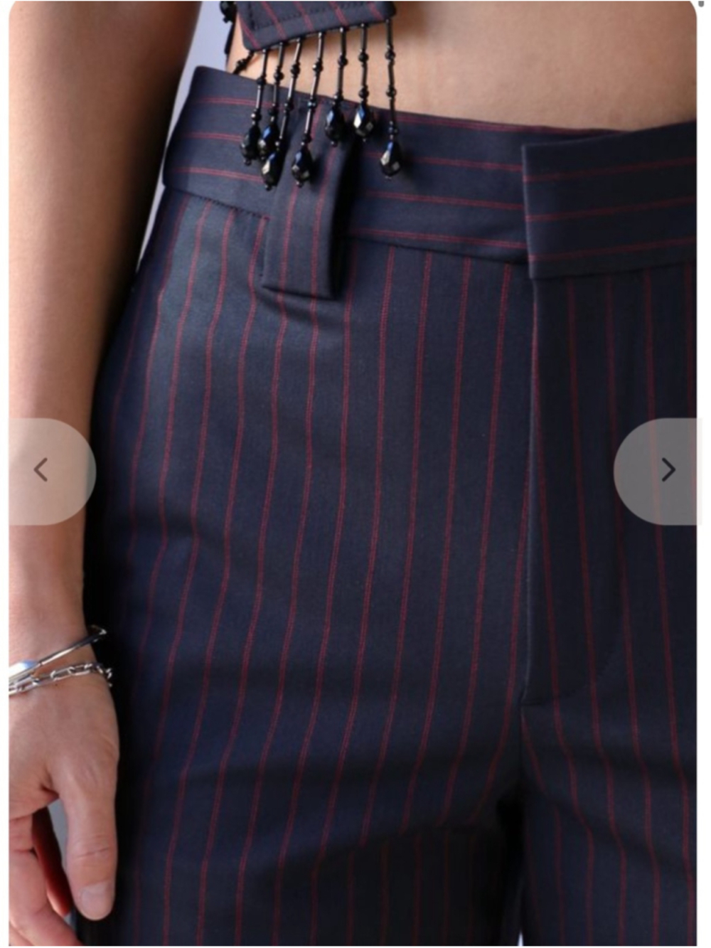 Ganni Pinstripe Side Suit Trousers Navy Red Stripe Tailored High Rise Size 36 - Picture 4 of 13
